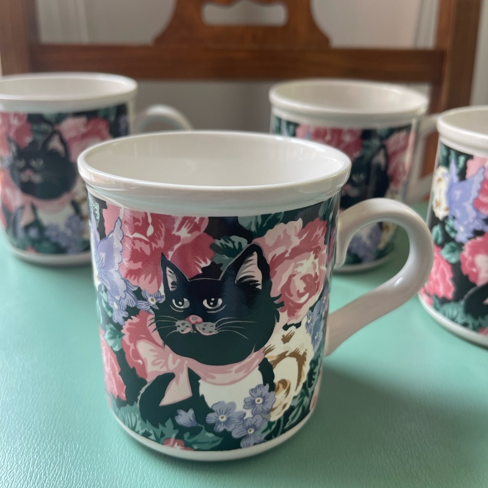 Vintage Applause 90s Cat lady Coffee Mug Black Kitty Cups Set of 4 floral 80s